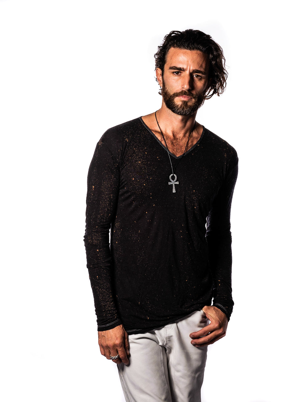 Long Sleeve V-Neck Shirt - VIntage Cosmic Black