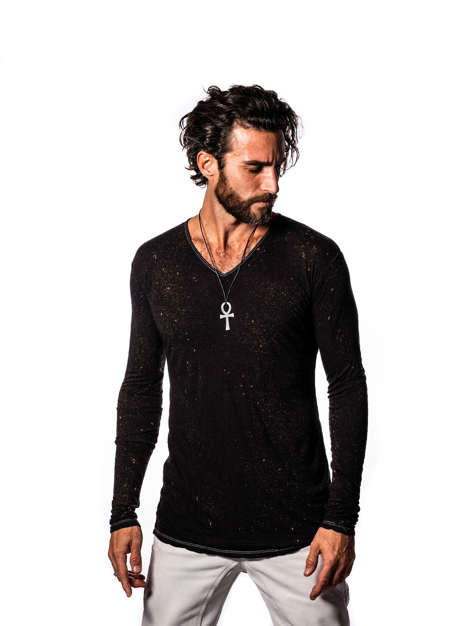 Long Sleeve V-Neck Shirt - VIntage Cosmic Black