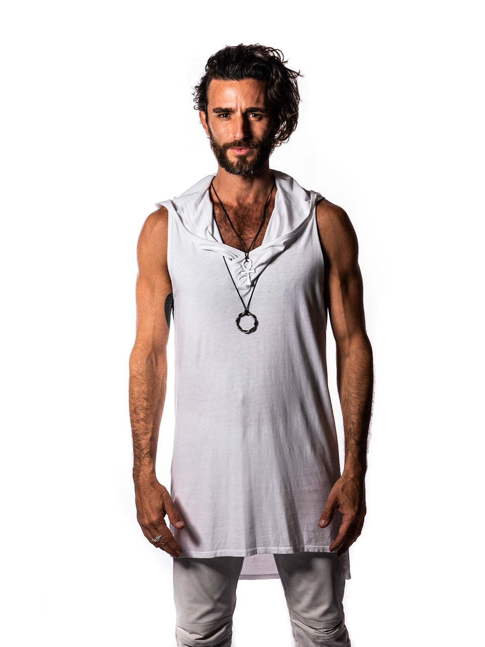 Sleeveless V-Neck Shirt with Hood - Illuminated White