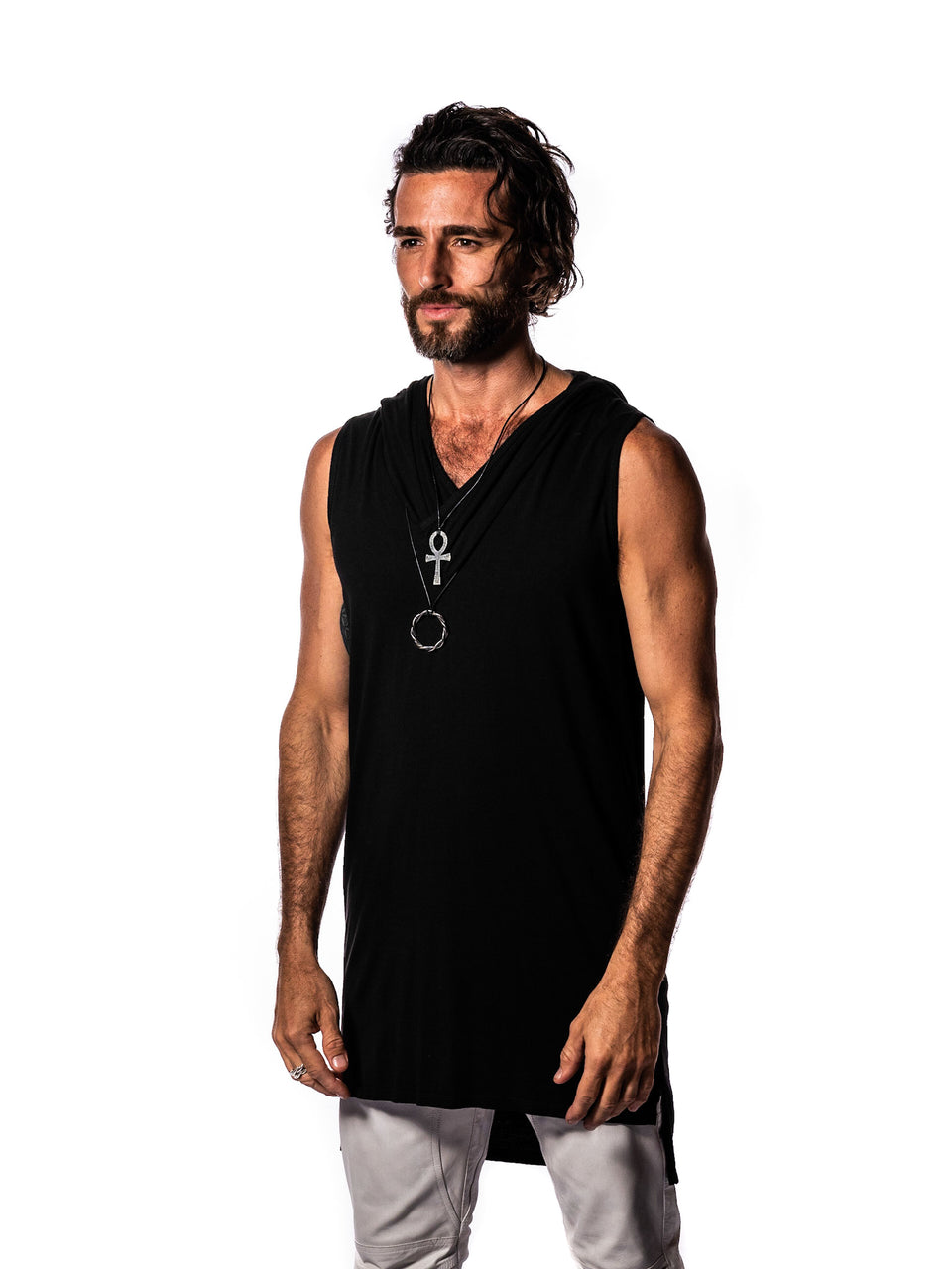 Sleeveless V-Neck Shirt with Hood - Black Magick