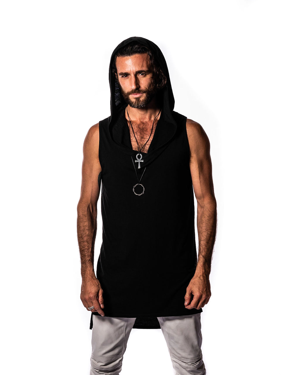 Sleeveless V-Neck Shirt with Hood - Black Magick
