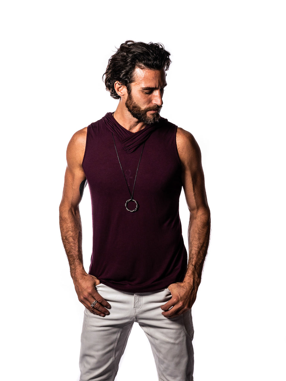 Sleeveless V-Neck Shirt with Hood - Coeur Crimson