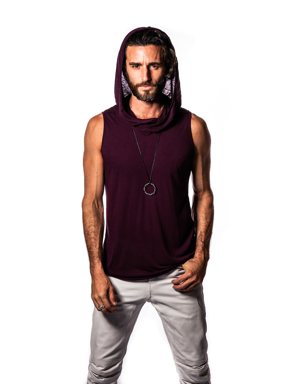 Sleeveless V-Neck Shirt with Hood - Coeur Crimson