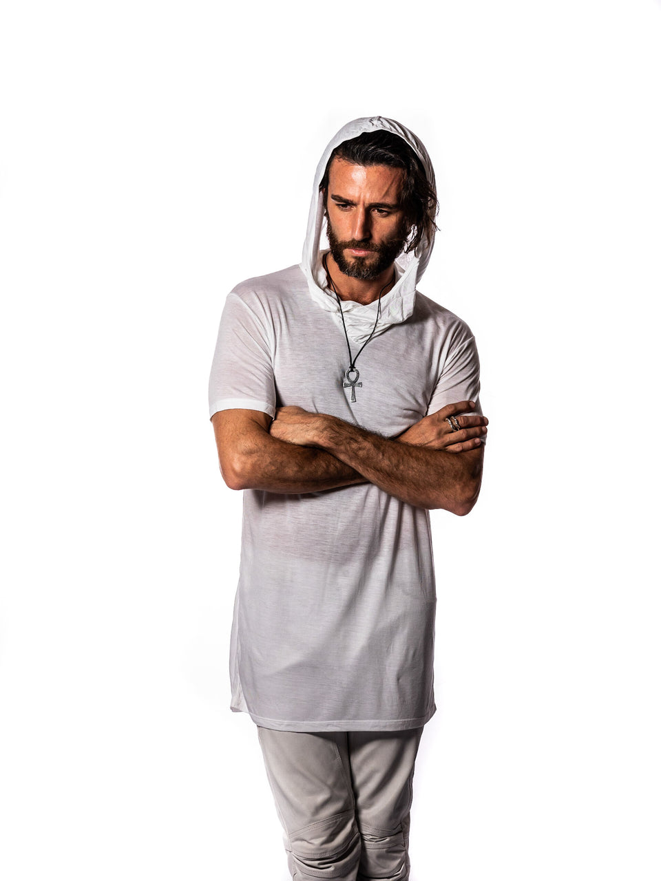 Short Sleeve V-Neck Shirt with Hood - Illuminated
