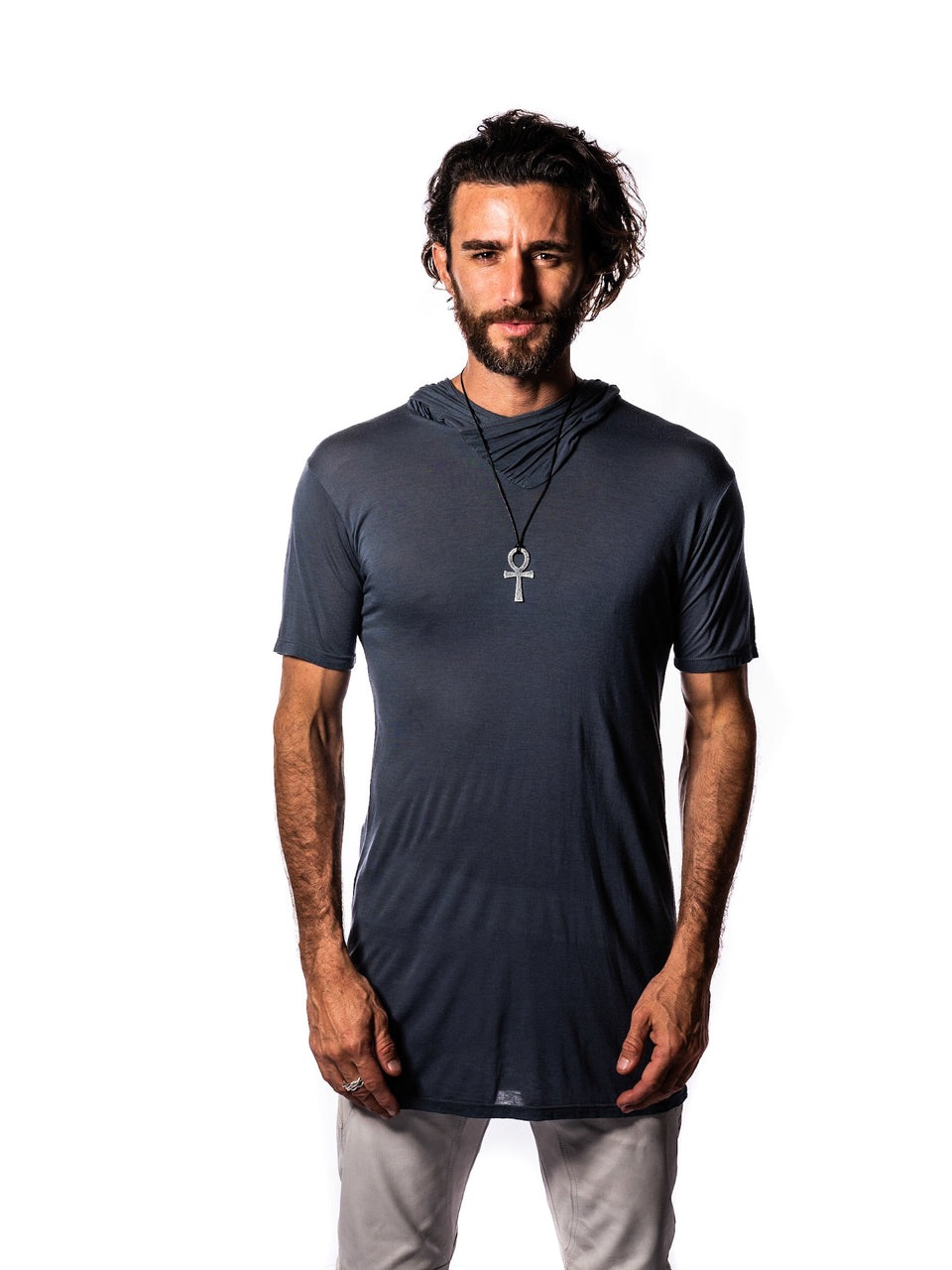 Short Sleeve V-Neck Shirt with Hood - Steele Blue