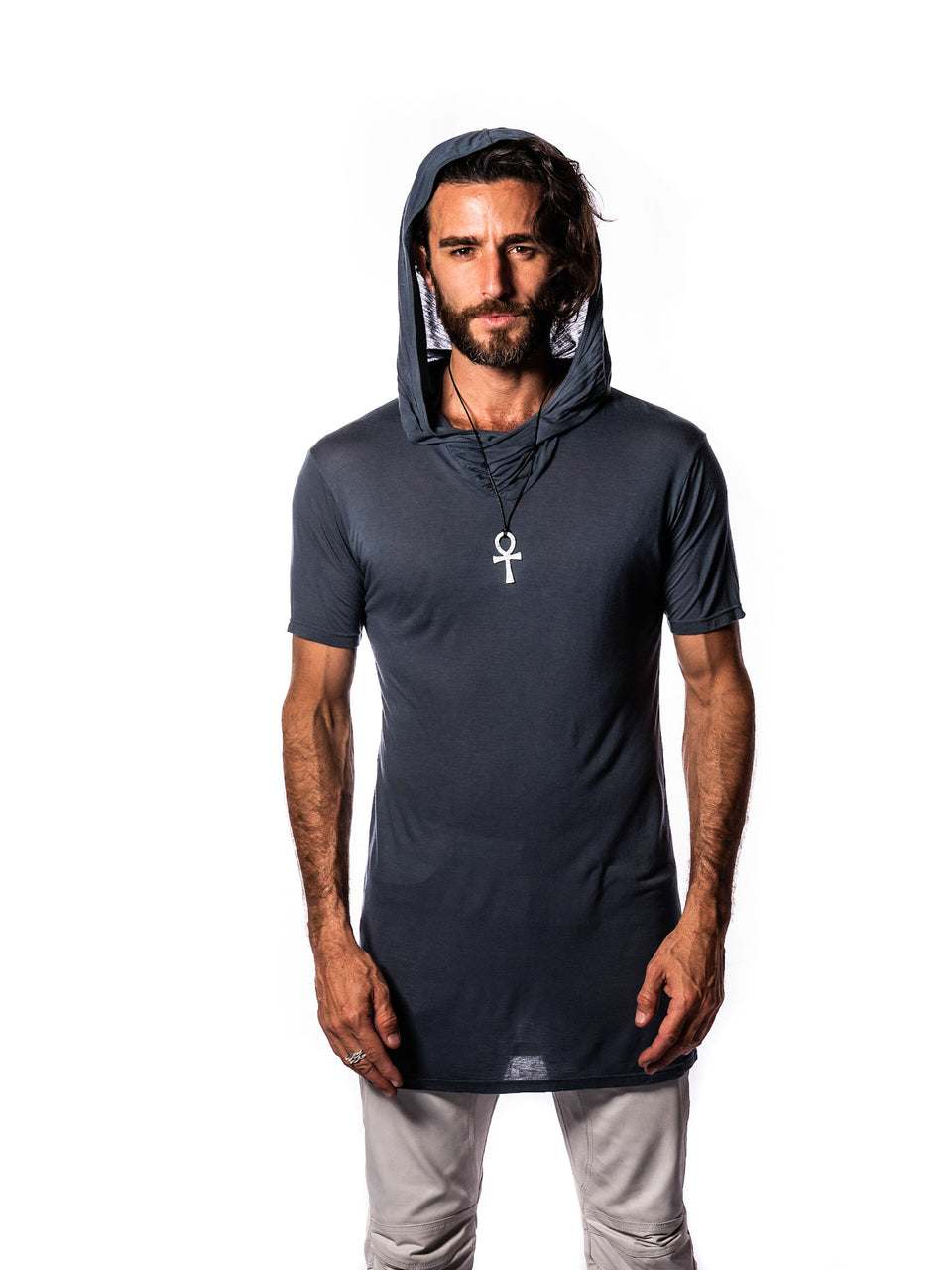 Short Sleeve V-Neck Shirt with Hood - Steele Blue