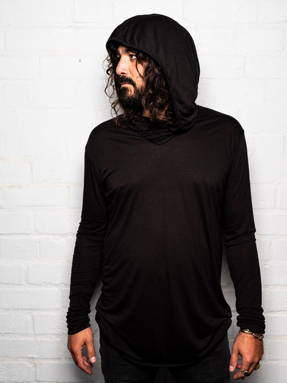 Long Sleeve V-Neck Shirt with Hood - Black Magick