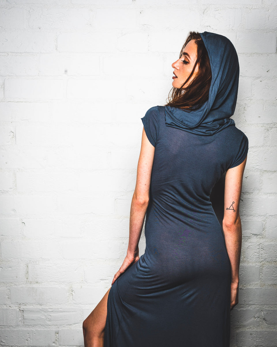 Short Sleeve Scoop Neck Dress with Hood - Steele Blue