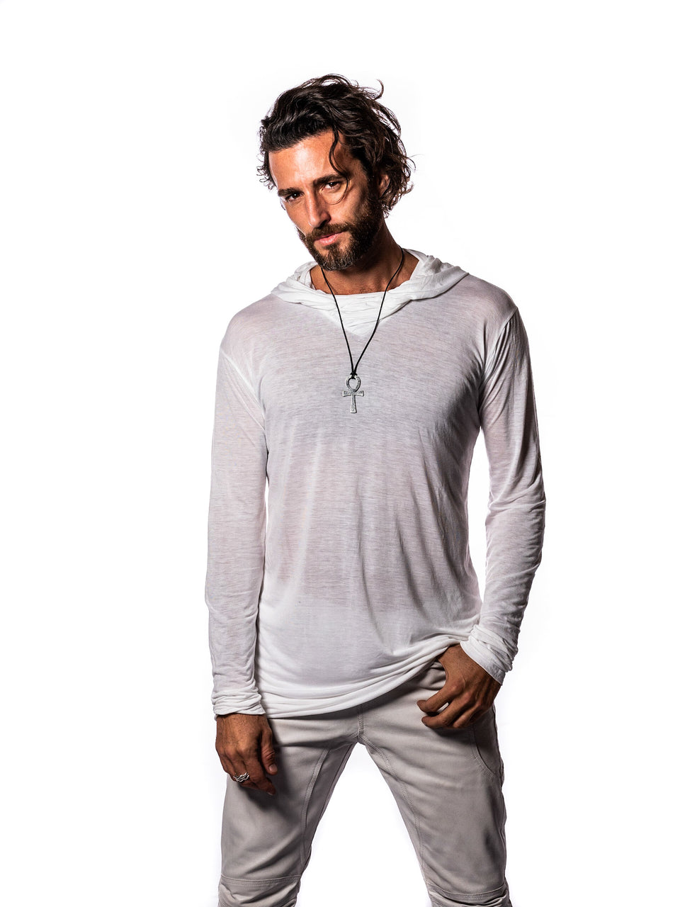 Long Sleeve V-Neck Shirt with Hood - Illuminated W