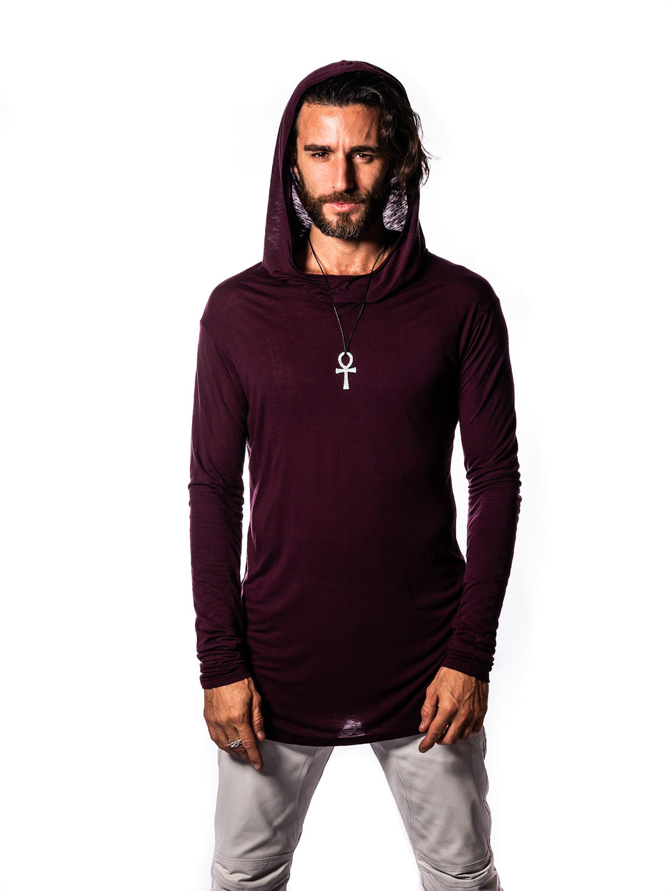 Long Sleeve V-Neck Shirt with Hood - Coeur Crimson