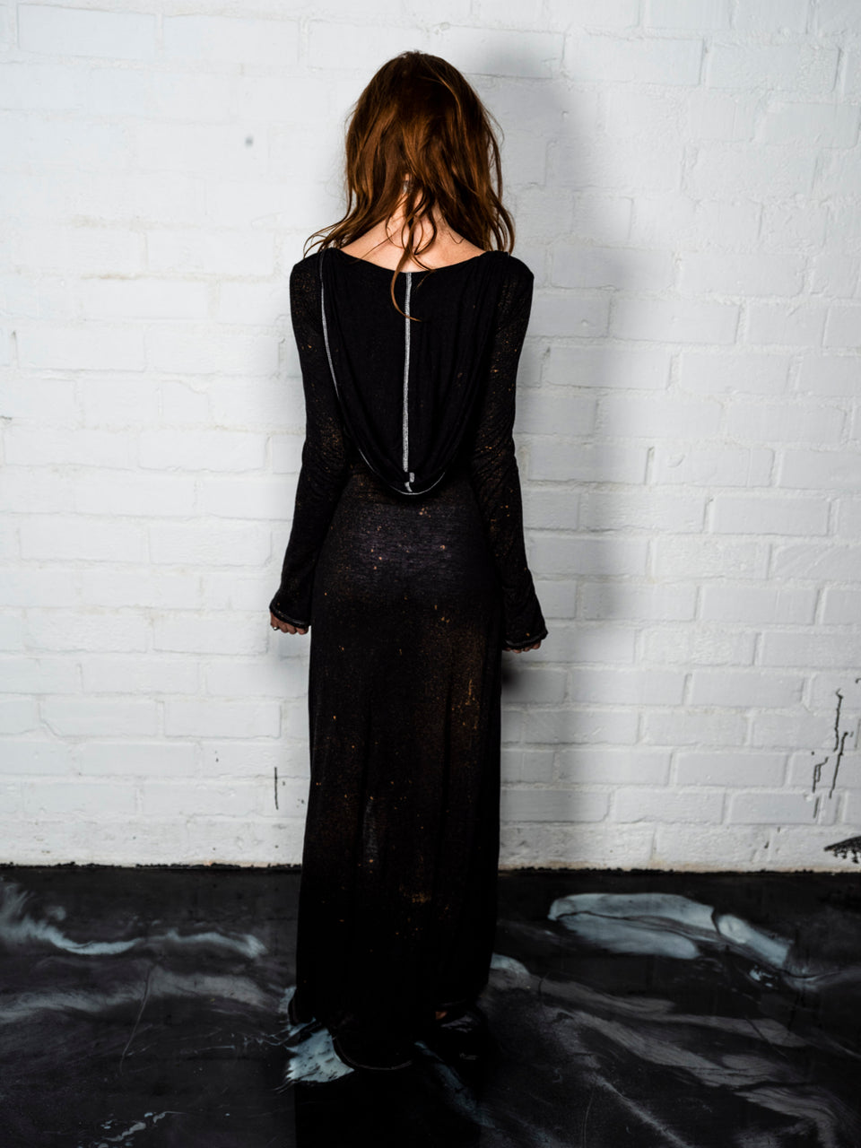 Long Sleeve Scoop Neck Dress with Hood - Vintage Cosmic Black