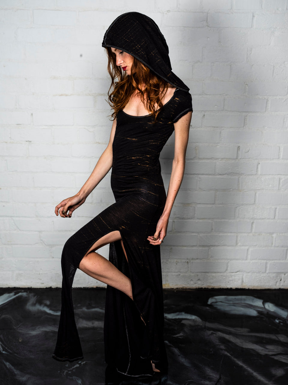 Short Sleeve Scoop Neck Dress with Hood - Vintage Cosmic Black